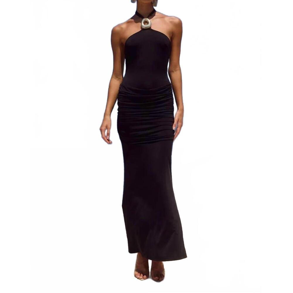 NEW RUNWAY alola halter maxi dress in black